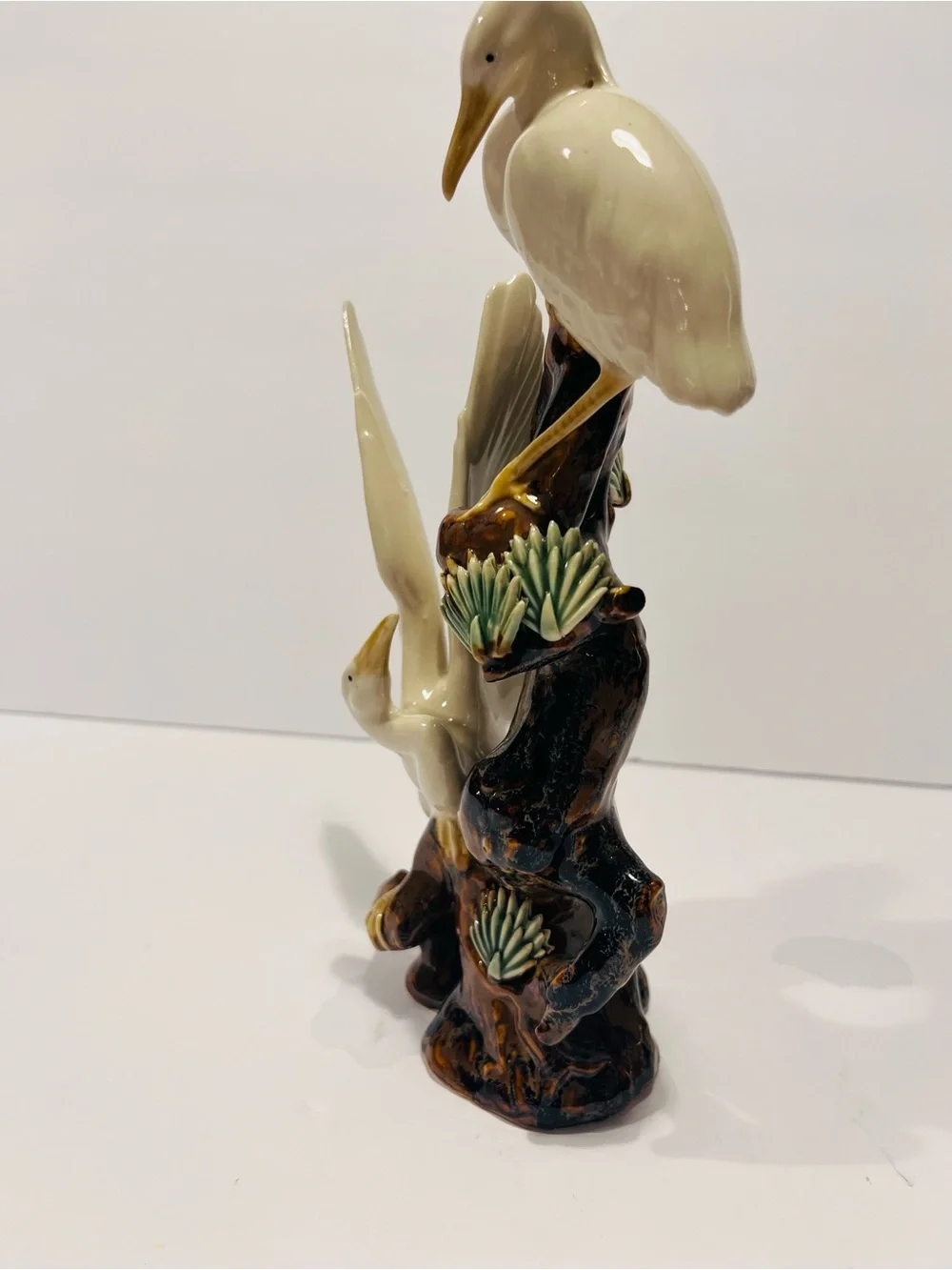 Antique Chinese Glazed Porcelain Figurine With 2 Cranes on Tree 9.25”